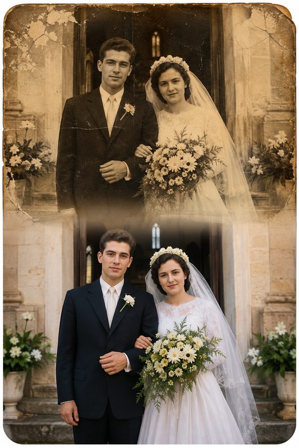 Foto de boda antigua restaurada y colorizada con la DIA