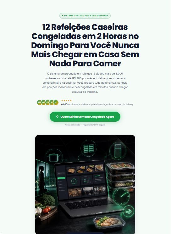 Página de ventas de un método de comidas congeladas creada con la DIA